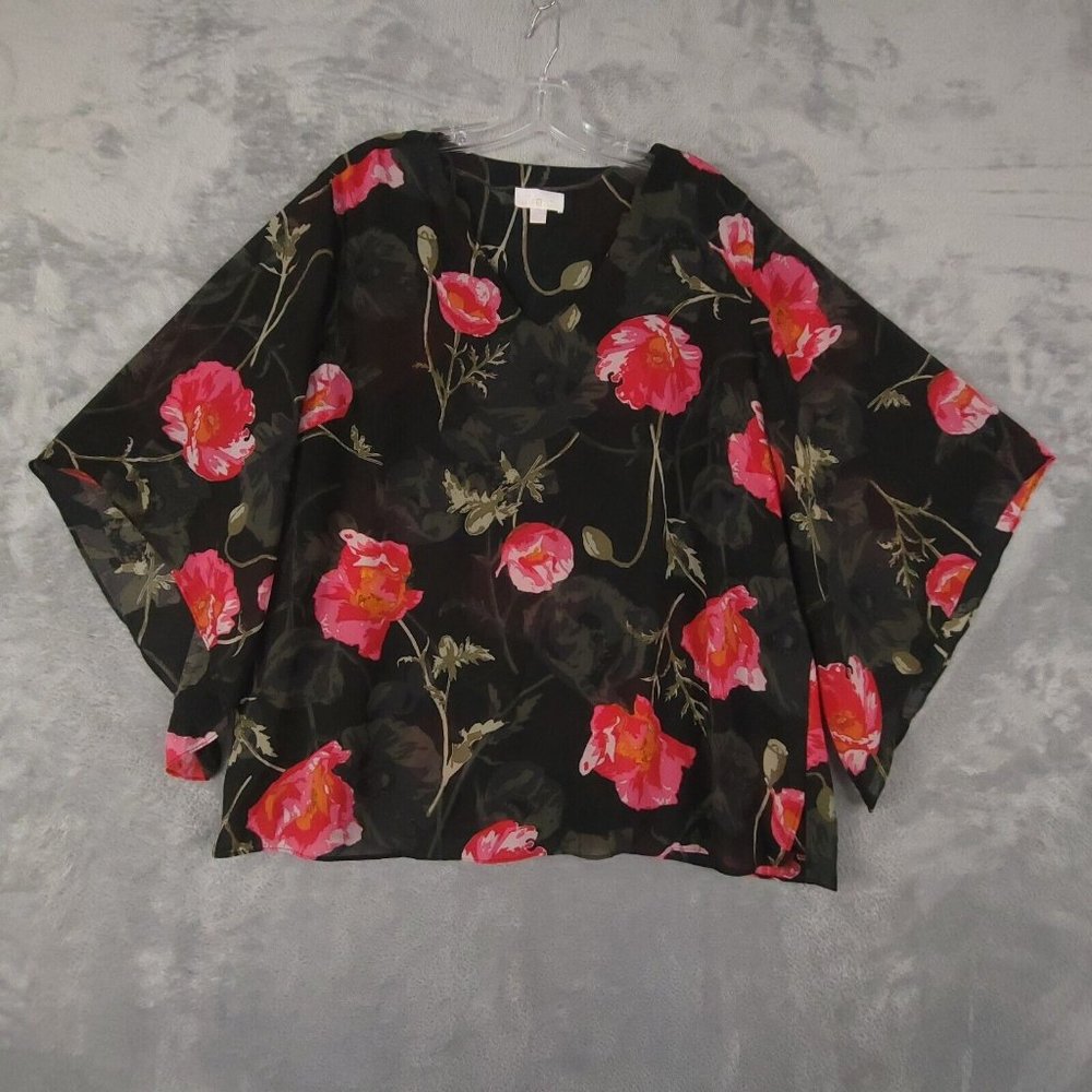 Belle by Kim Gravel Womens Blouse Poppy Printed Embroidery V Neck Black L New